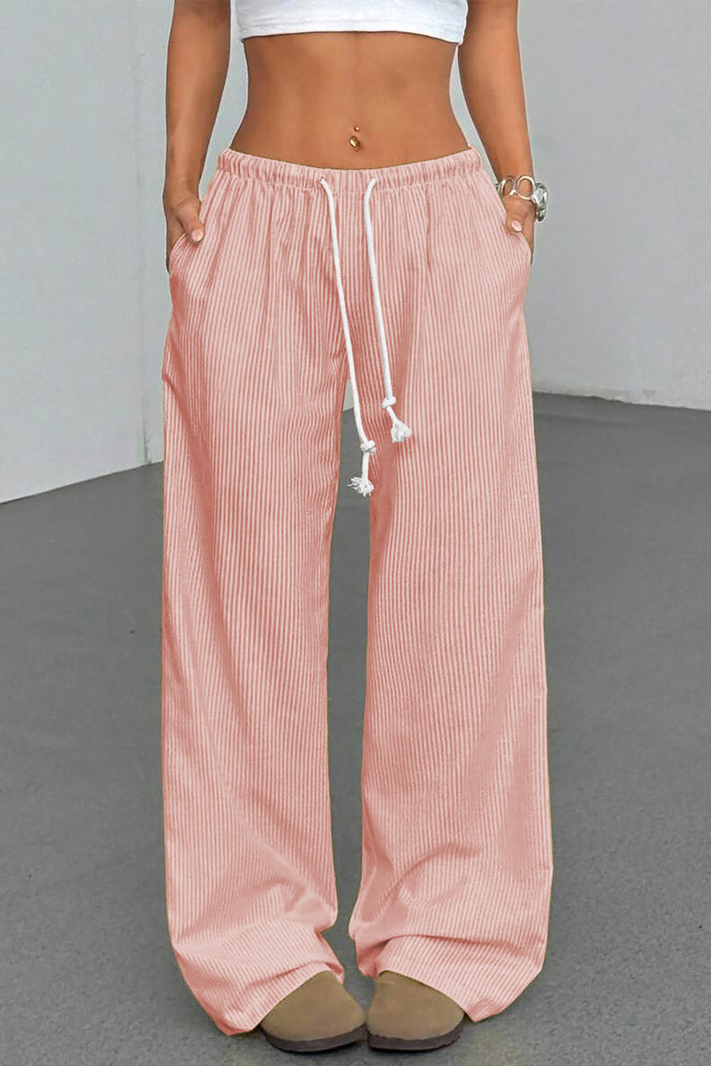 Pink Stripe Drawstring Plus Size Loose Pants- Women Pink Stripe 85%Polyester+10%Viscose+5%Elastane