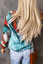 Multicolor Aztec Print Frayed Hem Denim Jacket- Women
