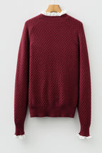Burgundy Contrast Lace Frilled Trim Raglan Sleeve Sweater- Women