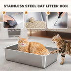 XL Stainless Steel Litter Box w/ 100° Flip Top, Scoop, Step, Top & Side Entry Enclosed Litter Box for Big Cats