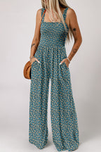 Green Floral Print Smocked High Waist Square Neck Jumpsuit- Women Green 100%Viscose