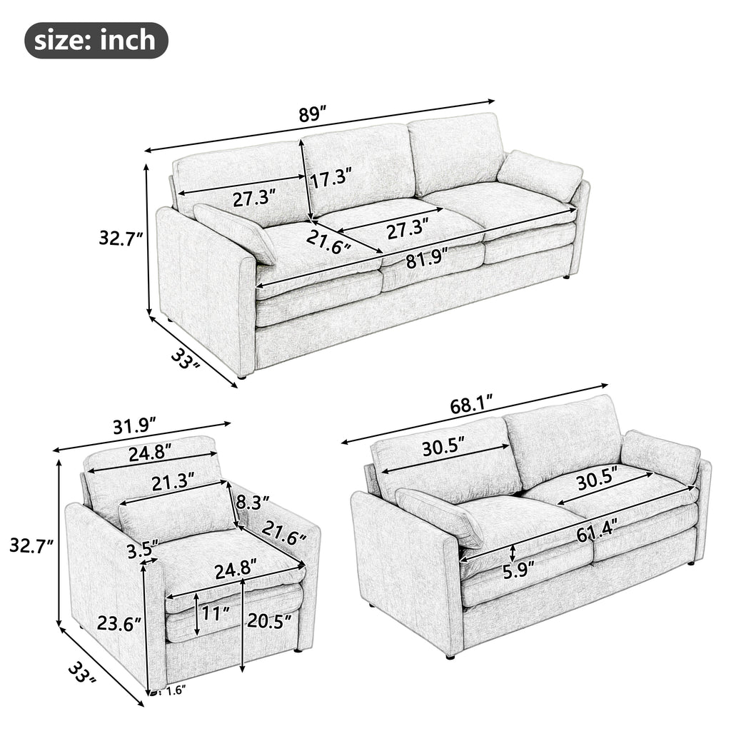 Cozy Upholstered Sofa Set Oversized Comfy Cloud Sofa Double Cushion Sofa Group Plush Cushion Sofa Couch for Living Room, Grey