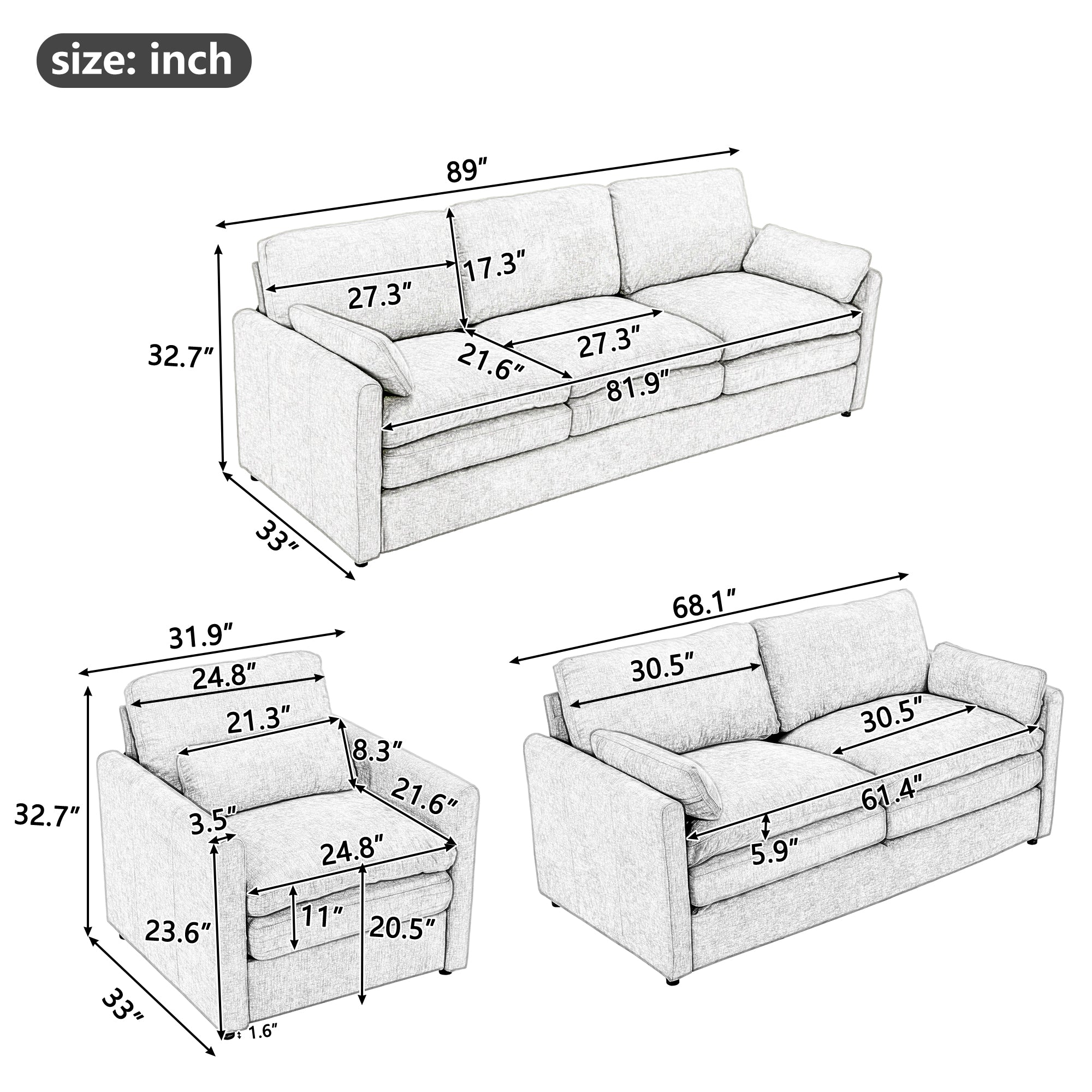 Cozy Upholstered Sofa Set Oversized Comfy Cloud Sofa Double Cushion Sofa Group Plush Cushion Sofa Couch for Living Room, Grey