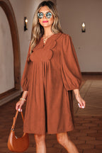 Cinnamon Bracelet Sleeve Split Neck Scallop Detail Pleated Corduroy Mini Dress- Women