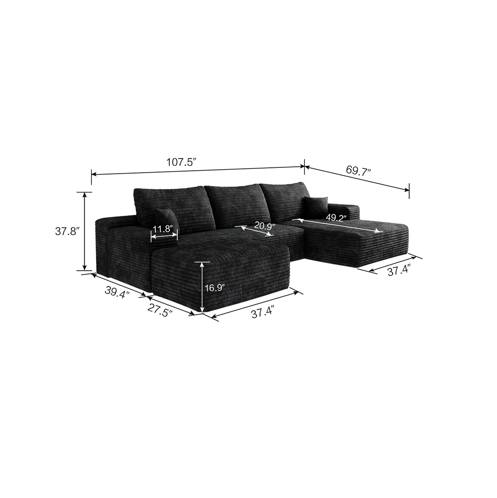107' Cloud Sectional Sofa with 1 Ottoman,Modern Minimalist Upholstered Couches,Comfort U Shaped Sofa for Living Room,Deep Seat Corner Couch,No Assembly Required,Black (Plush Corduroy Fabric)