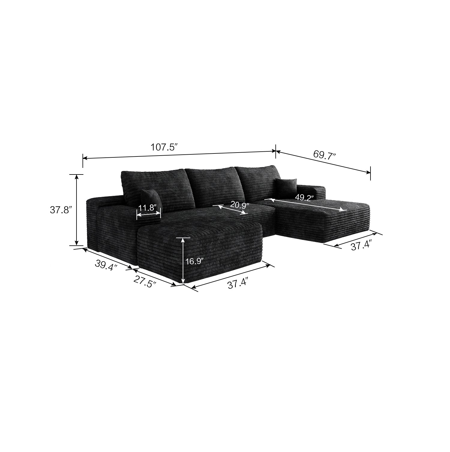 107' Cloud Sectional Sofa with 1 Ottoman,Modern Minimalist Upholstered Couches,Comfort U Shaped Sofa for Living Room,Deep Seat Corner Couch,No Assembly Required,Black (Plush Corduroy Fabric)