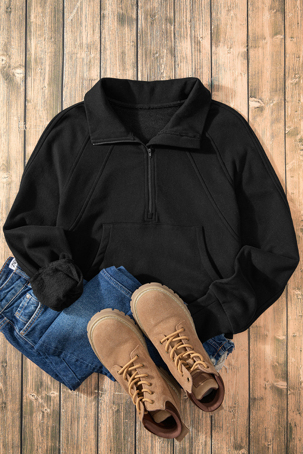 Black Fleece Lined Zip Up Stand Collar Thumbhole Sleeve Sweatshirt- Women