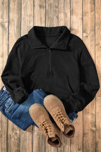 Black Fleece Lined Zip Up Stand Collar Thumbhole Sleeve Sweatshirt- Women