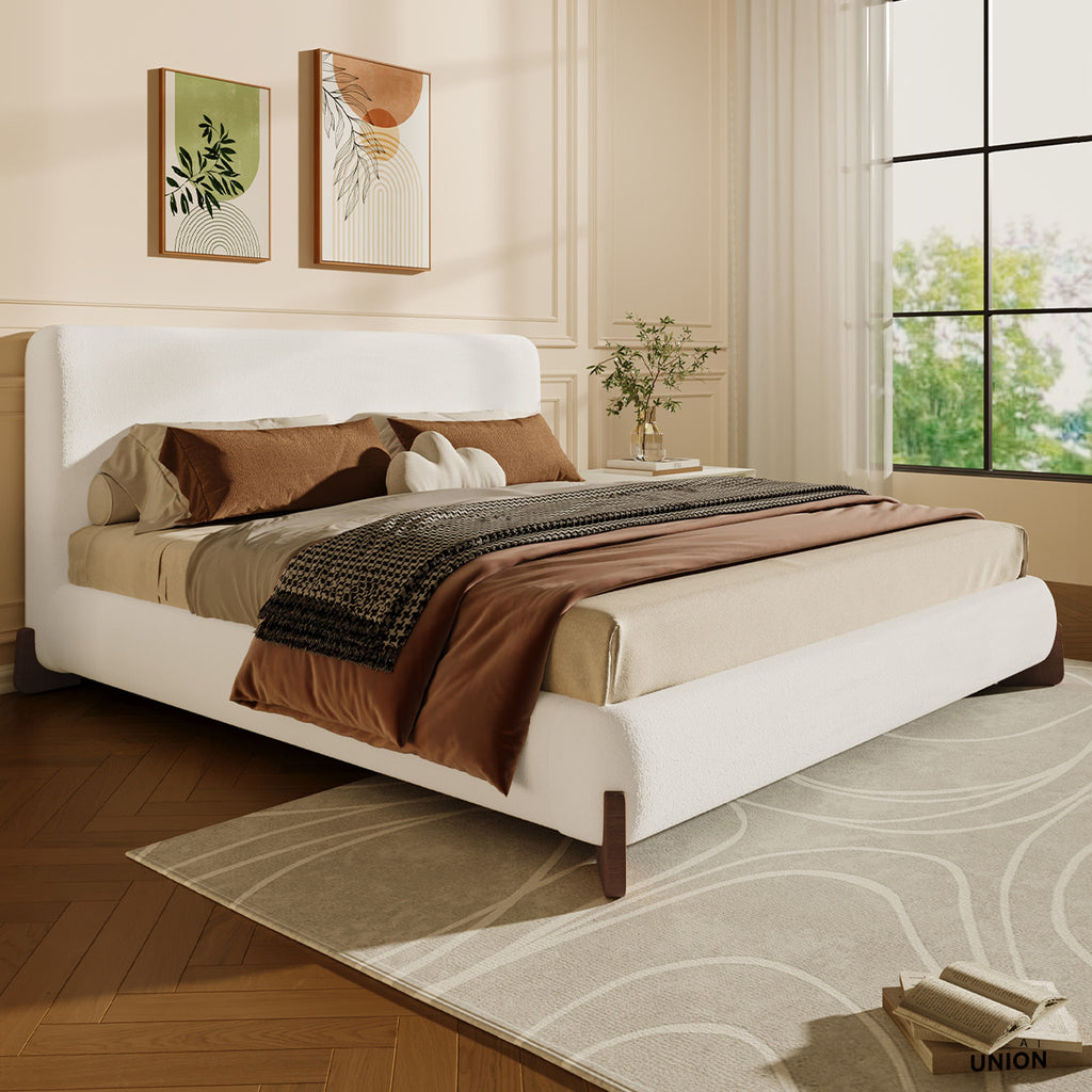 Elegant White Boucle Upholstered King Bed with Dark Brown Solid Wood Legs, Luxurious Bedroom Centerpiece
