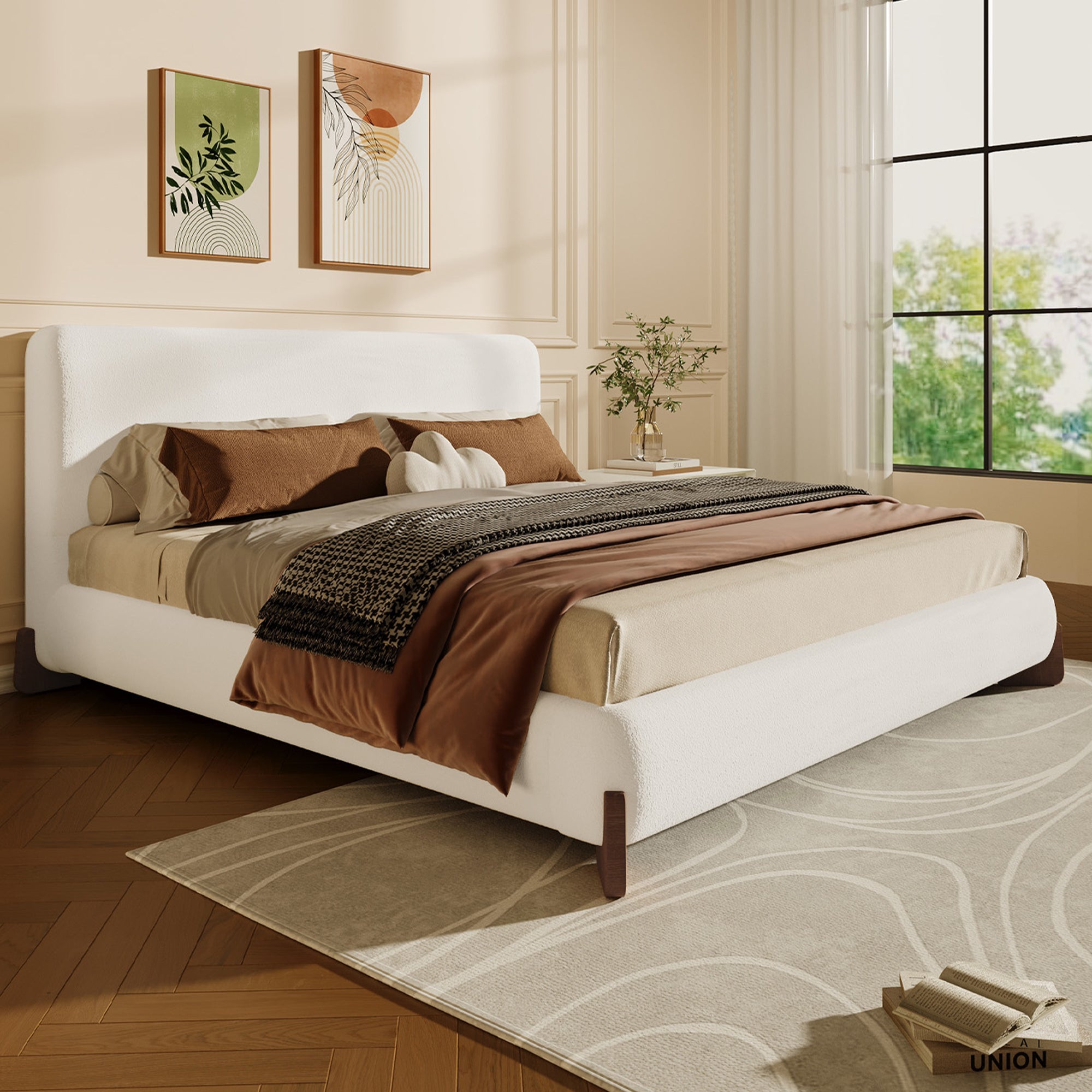 Elegant White Boucle Upholstered King Bed with Dark Brown Solid Wood Legs, Luxurious Bedroom Centerpiece