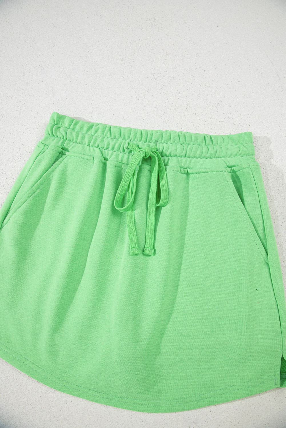 Light Green French Terry Drawstring Elastic Waistband Mini Skort with Pockets- Women