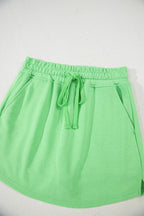 Light Green French Terry Drawstring Elastic Waistband Mini Skort with Pockets- Women