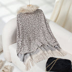 Women's Leopard Poncho With Faux Fur Collar - Fringe Hem Long Sleeve Open Front Cardigan Coat