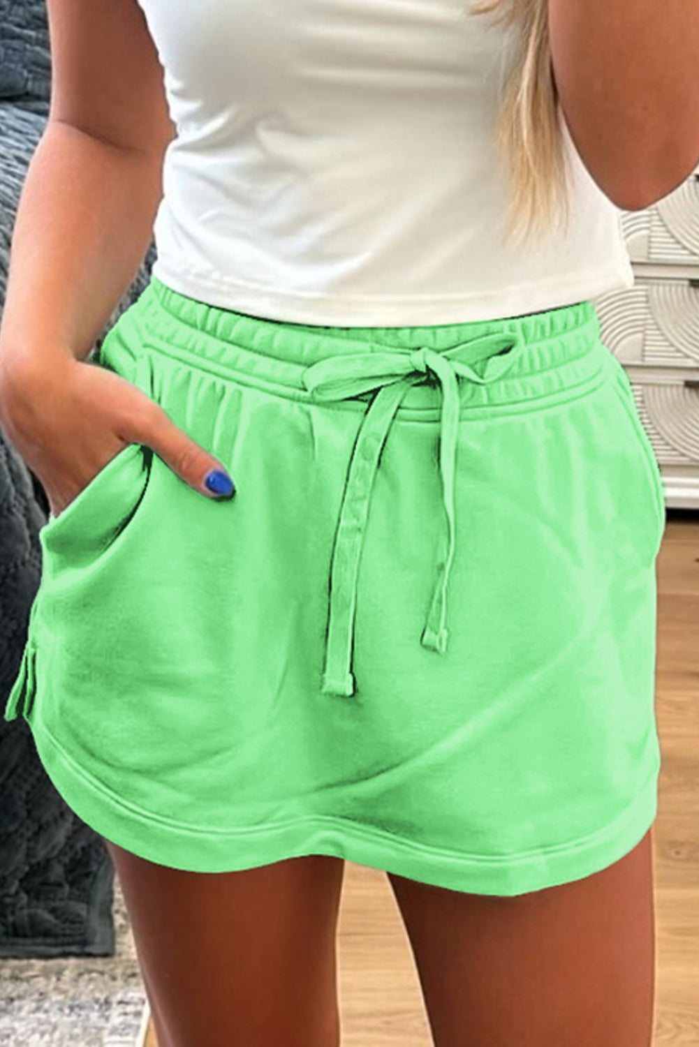 Light Green French Terry Drawstring Elastic Waistband Mini Skort with Pockets- Women Light Green 65%Polyester+35%Cotton