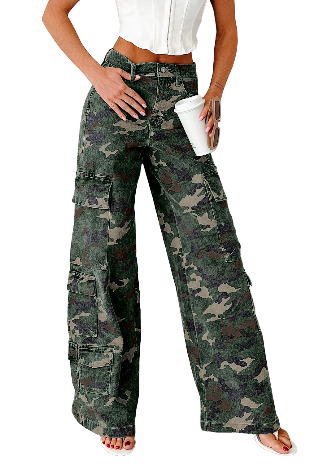 Green Camo Denim Cargo Wide Leg Pants- Women