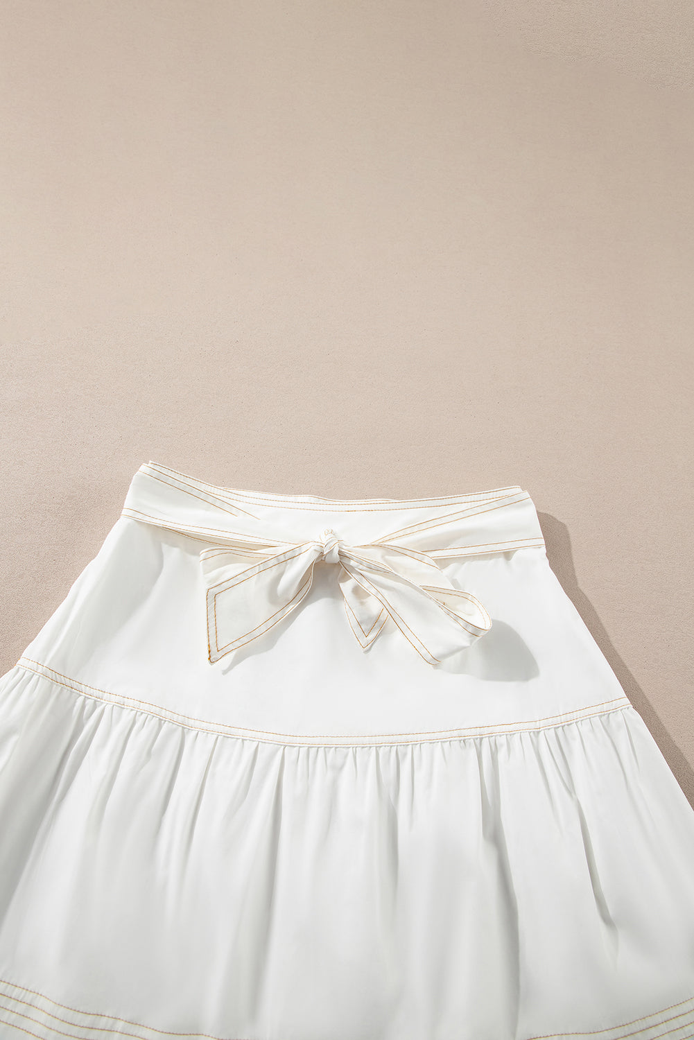 White Contrast Stitching Trim Knotted High Waist A-Line Mini Skirt- Women