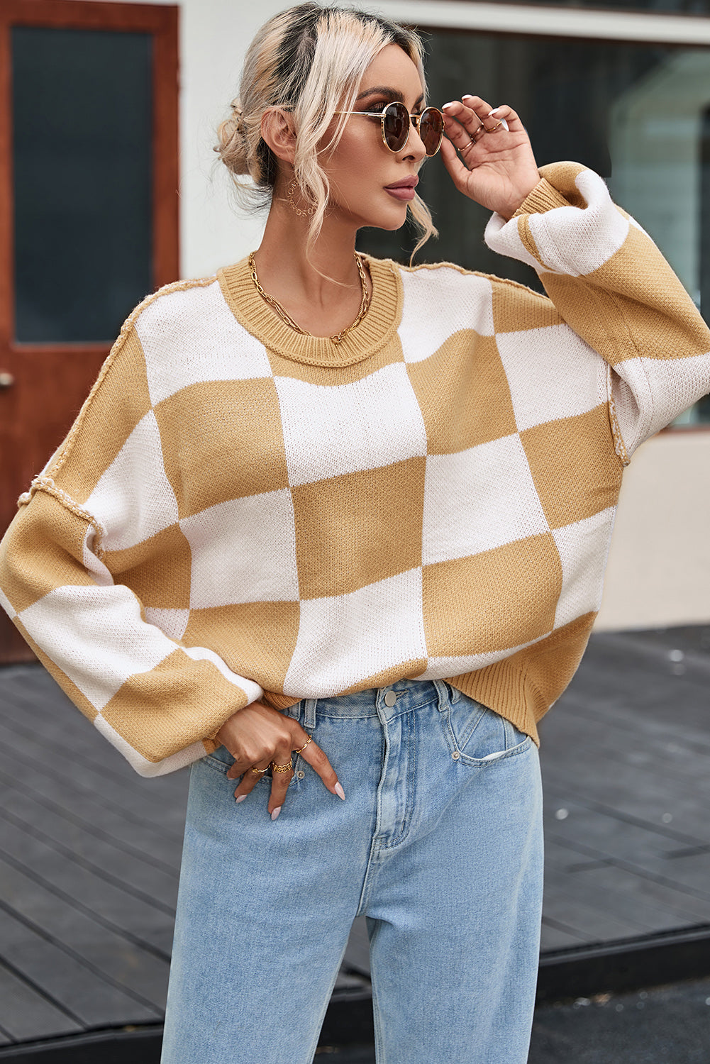Khaki Checkered Bishop Sleeve Sweater- Women