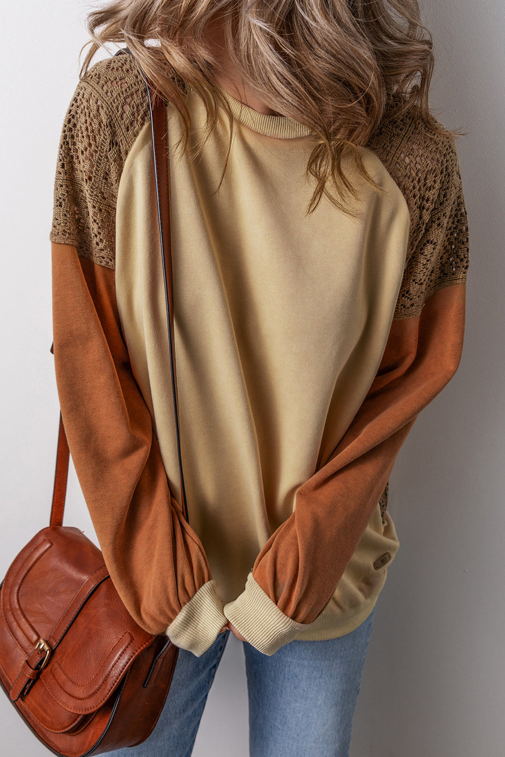Khaki Lace Patchwork Colorblock Drop Shoulder Sweatshirt- Women