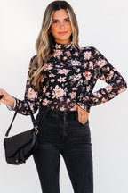 Black Floral Mesh Mock Neck Long Sleeve Slim Fit Top- Women