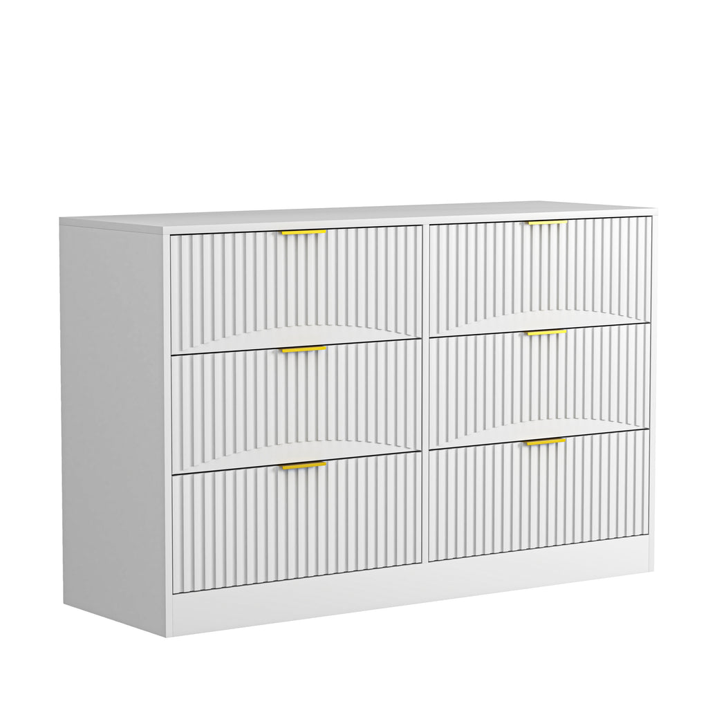Modern 6-Drawer Dresser, Chest of Drawers for Bedroom, Living Room, Hallway, and Entryway - Large Storage Cabinet, White,Drawer panel with wavy patterns