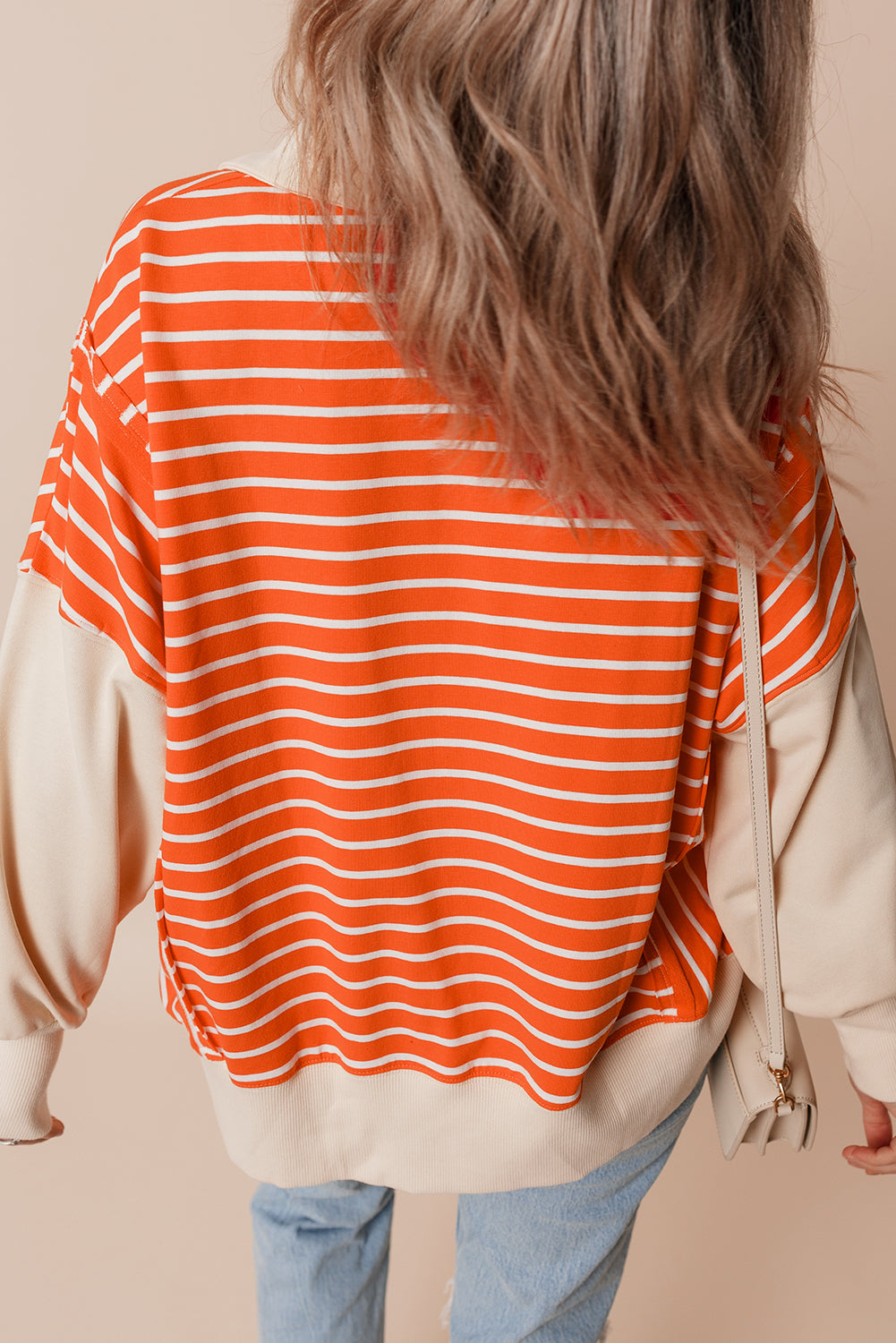 Orange Stripe Color Block Loose Fit Collared Drop Shoulder Sweatshirt- Women