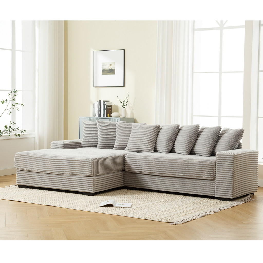 [NEW ARRIVED] [VIDEO PROVIDED] Oversized Two-Piece Couches, L Shaped Sofa, Corduroy, Left Chaise Daybed,with Armrests,Eight Throw Pillows,Corner Sofa,Easy To Assemble, Gray