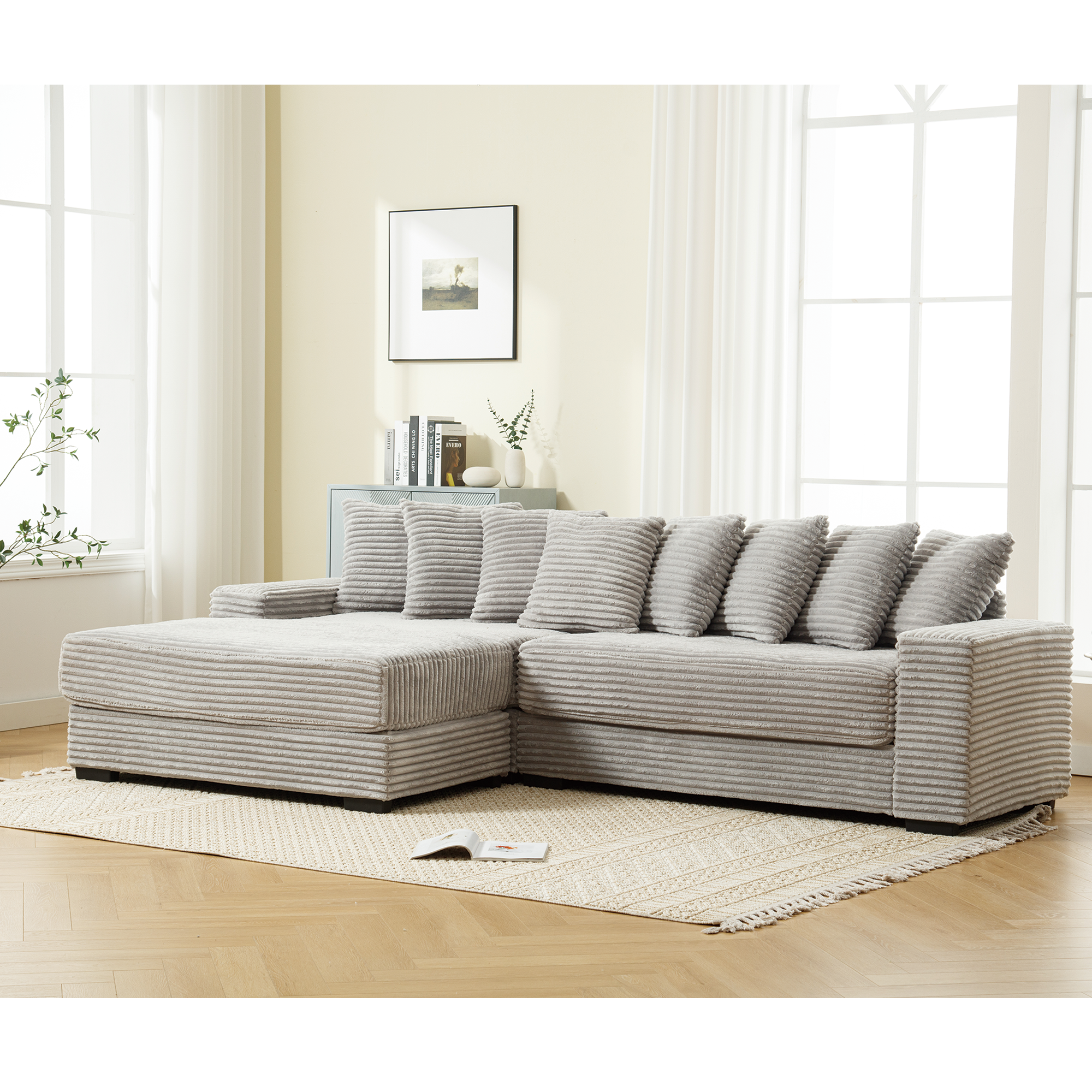 [NEW ARRIVED] [VIDEO PROVIDED] Oversized Two-Piece Couches, L Shaped Sofa, Corduroy, Left Chaise Daybed,with Armrests,Eight Throw Pillows,Corner Sofa,Easy To Assemble, Gray