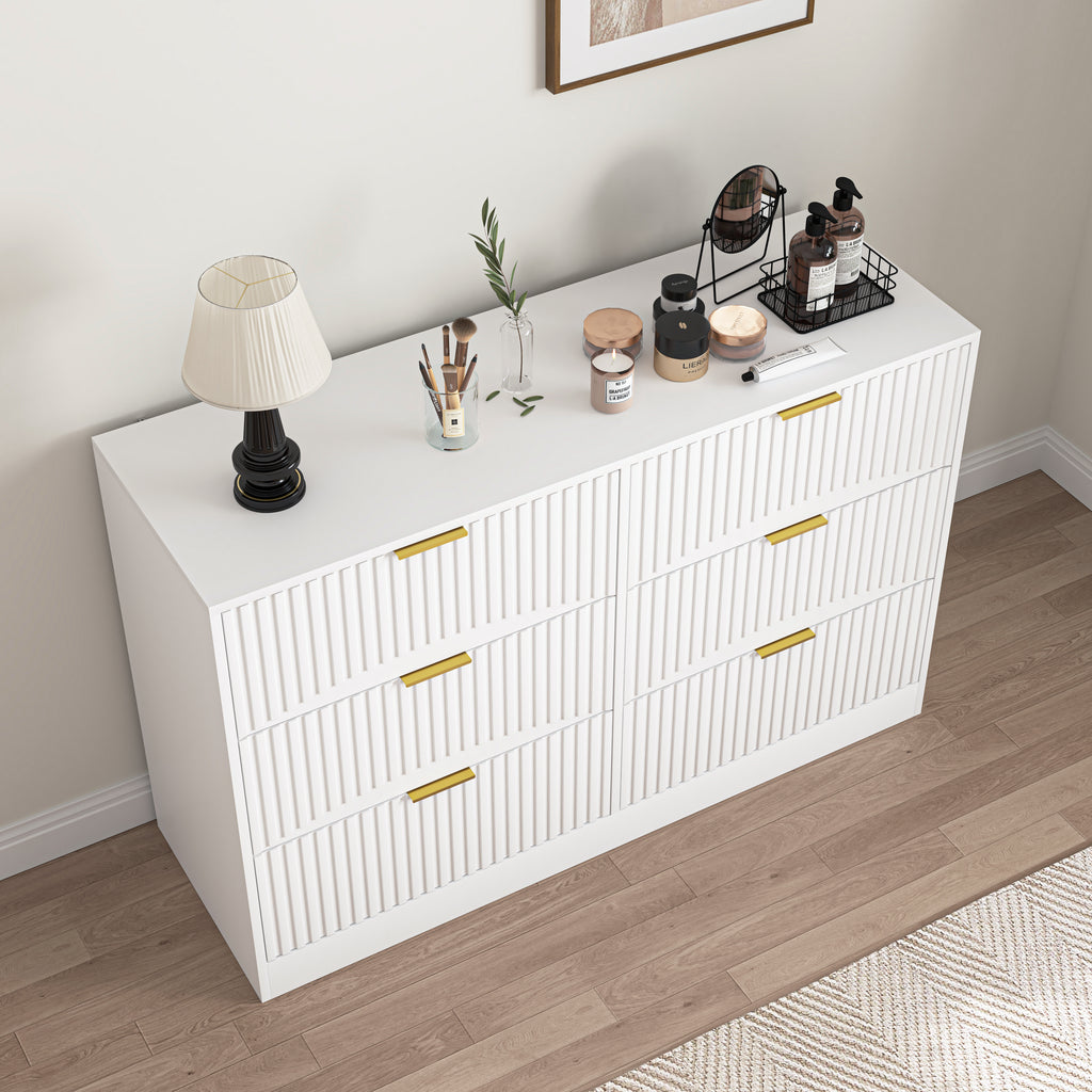 Modern 6-Drawer Dresser, Chest of Drawers for Bedroom, Living Room, Hallway, and Entryway - Large Storage Cabinet, White,Drawer panel with wavy patterns