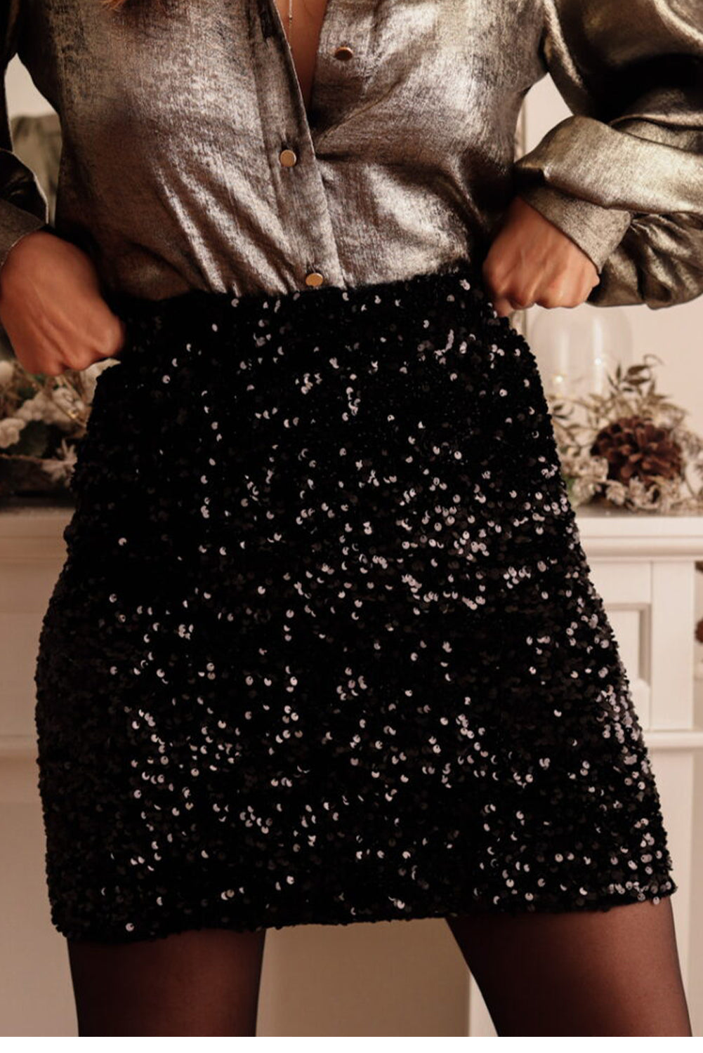 Black Sequin Bodycon Mini Skirt- Women