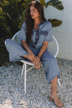 Beau Blue Half Placket Chest Pockets Short Sleeve Wide Leg Jumpsuit- Women