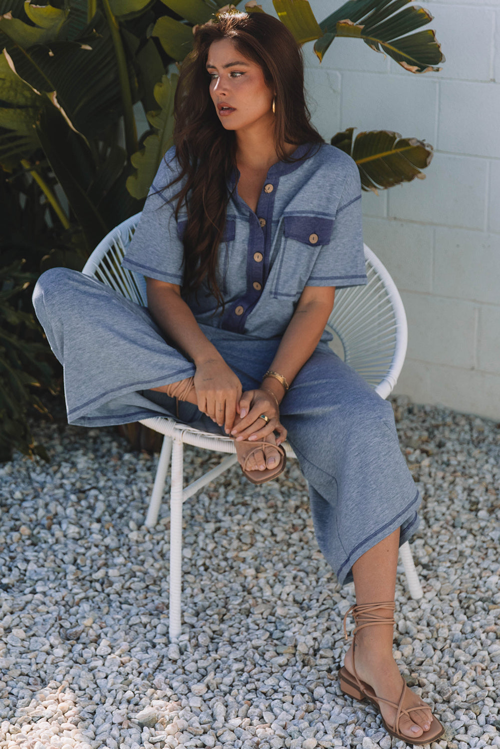 Beau Blue Half Placket Chest Pockets Short Sleeve Wide Leg Jumpsuit- Women