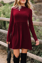 Red Dahlia Frilled Neck Ribbed Knit Patchwork Long Sleeve Mini Dress- Women