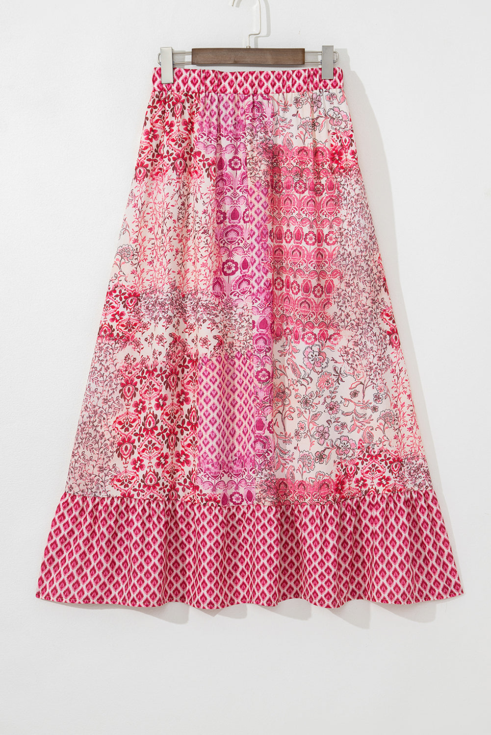 Red Boho Pattern Print Tassel Drawstring Elastic Waistband Maxi Skirt- Women