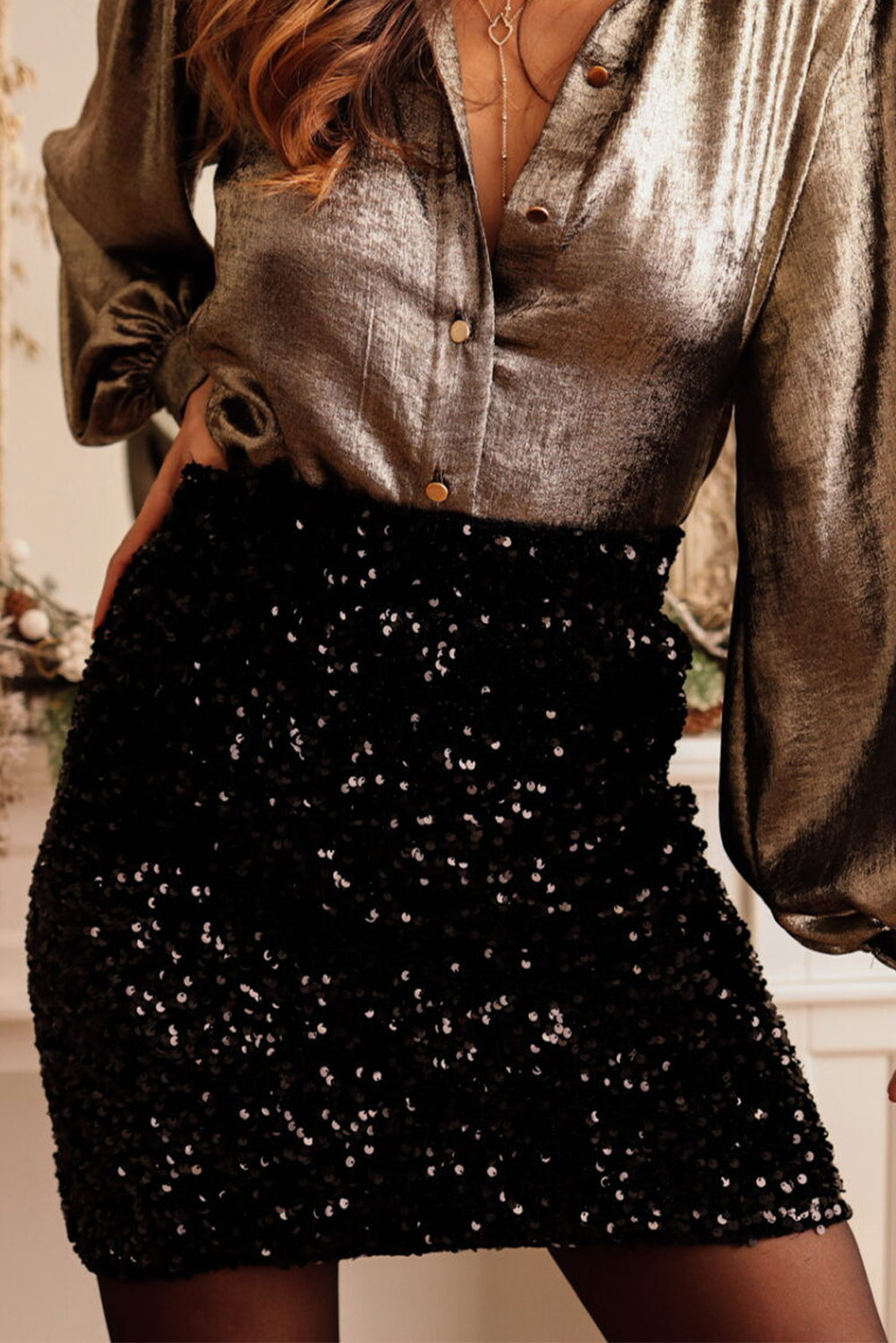 Black Sequin Bodycon Mini Skirt- Women