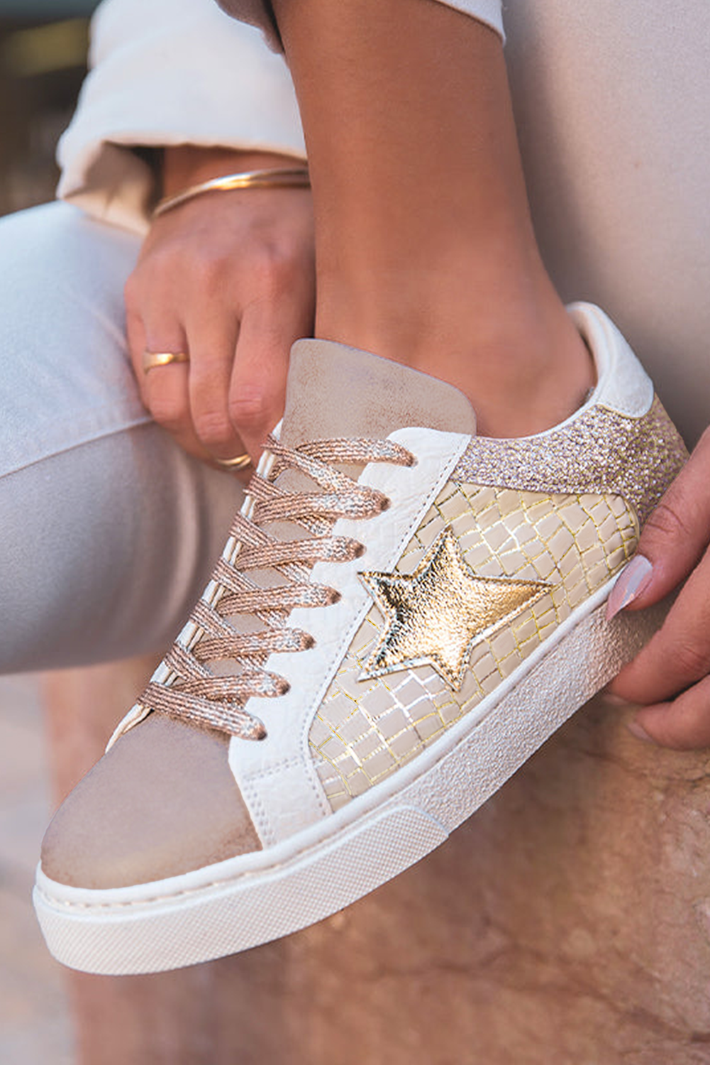 Dearlove Gold Glitter Star Patchwork PU Leather Lace-up Sneakers- Women Gold 70%PVC+30%PU
