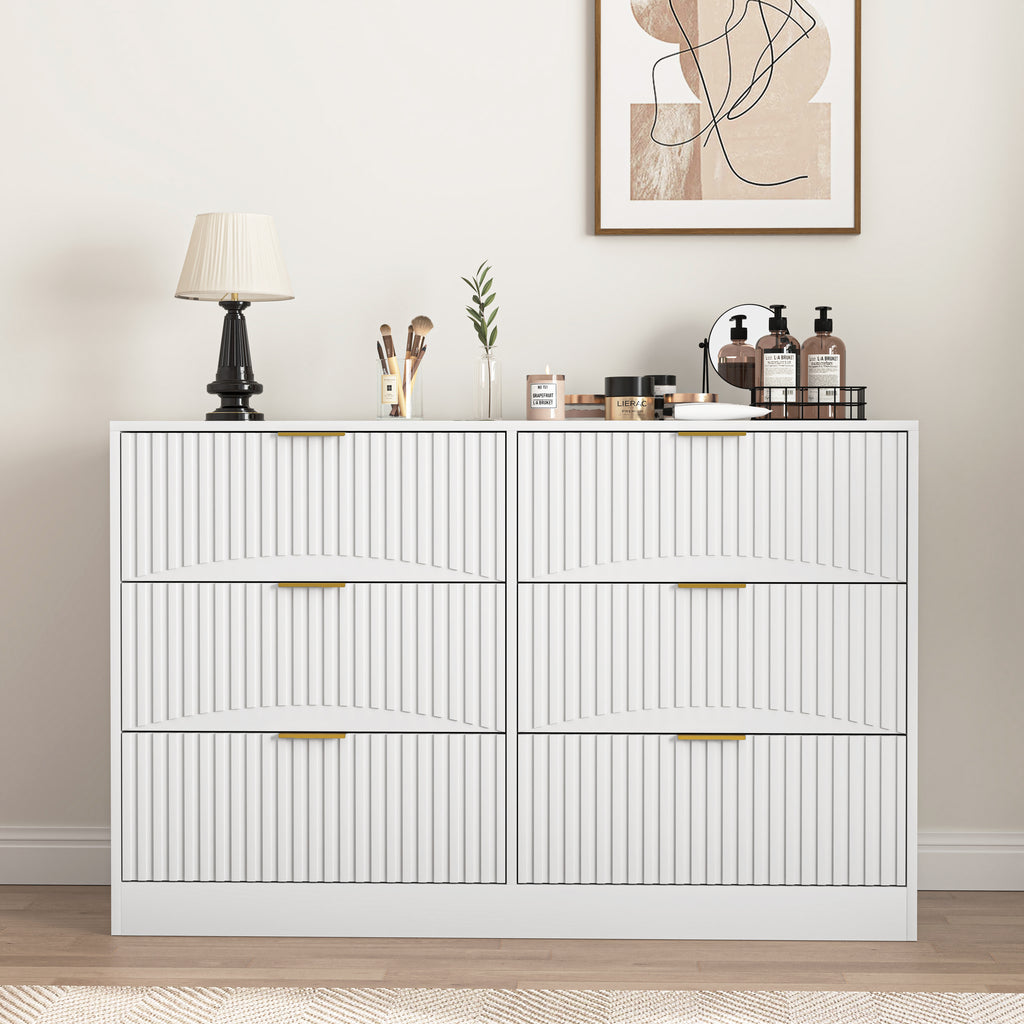 Modern 6-Drawer Dresser, Chest of Drawers for Bedroom, Living Room, Hallway, and Entryway - Large Storage Cabinet, White,Drawer panel with wavy patterns Default