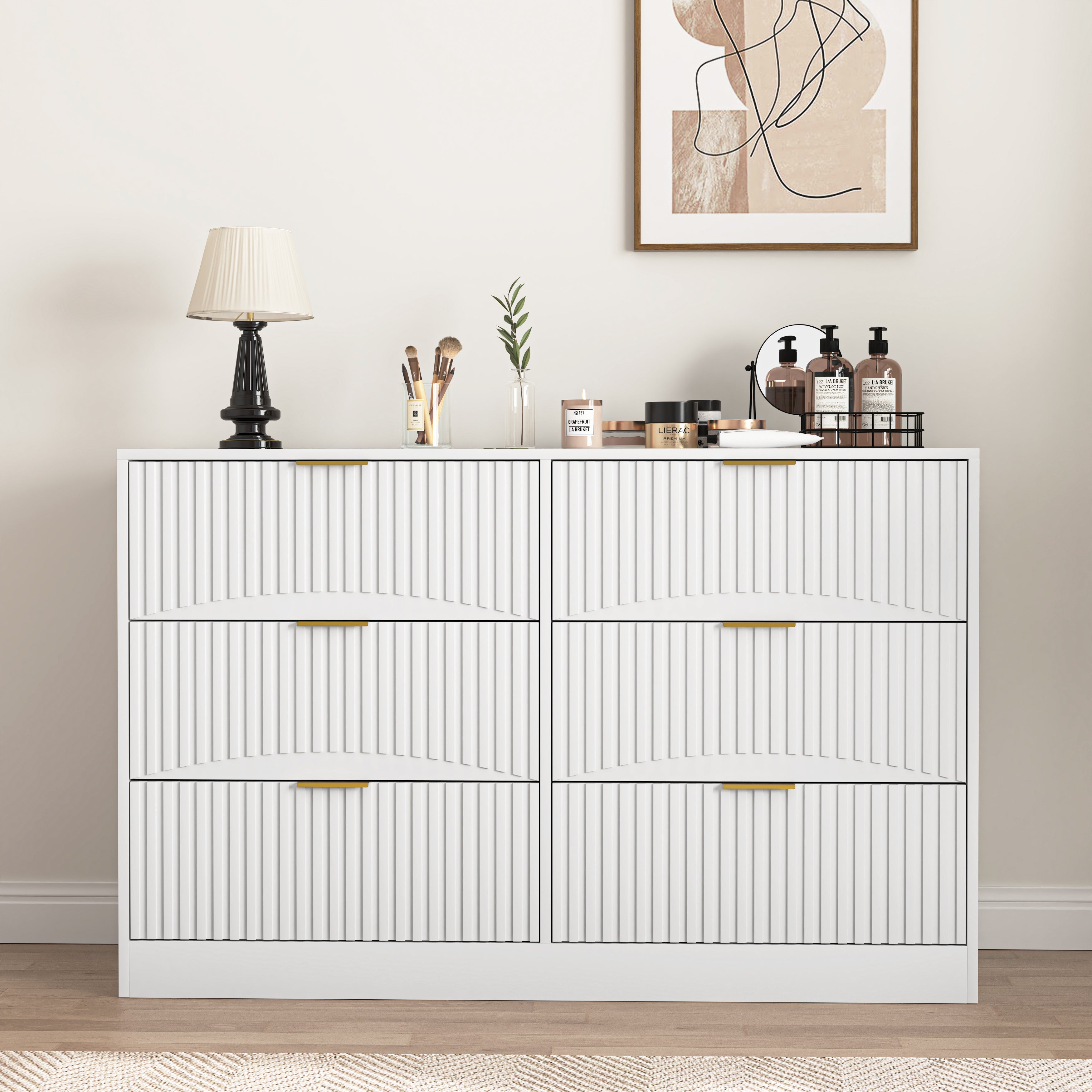 Modern 6-Drawer Dresser, Chest of Drawers for Bedroom, Living Room, Hallway, and Entryway - Large Storage Cabinet, White,Drawer panel with wavy patterns Default