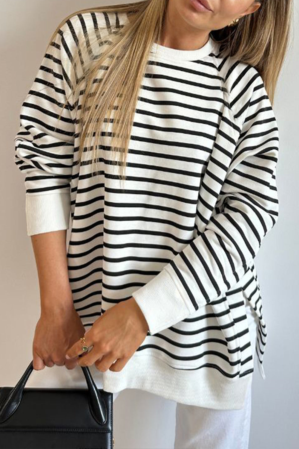 Black Stripe Raglan Sleeve Side Slits Loose Sweatshirt Black Stripe 95%Cotton+5%Elastane