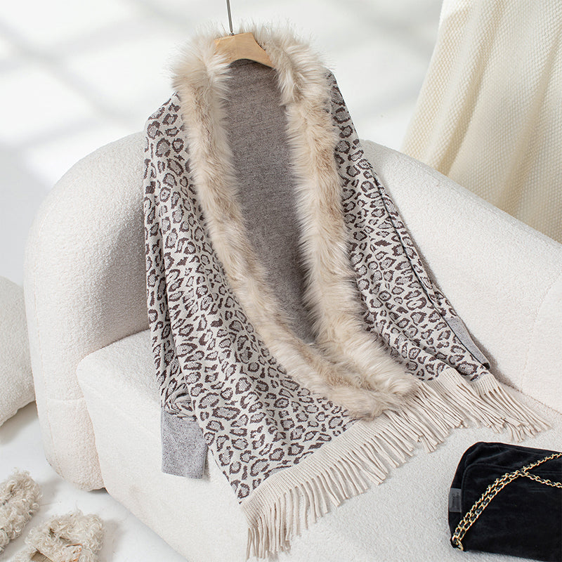 Women's Leopard Poncho With Faux Fur Collar - Fringe Hem Long Sleeve Open Front Cardigan Coat Apricot One Size