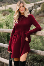 Red Dahlia Frilled Neck Ribbed Knit Patchwork Long Sleeve Mini Dress- Women