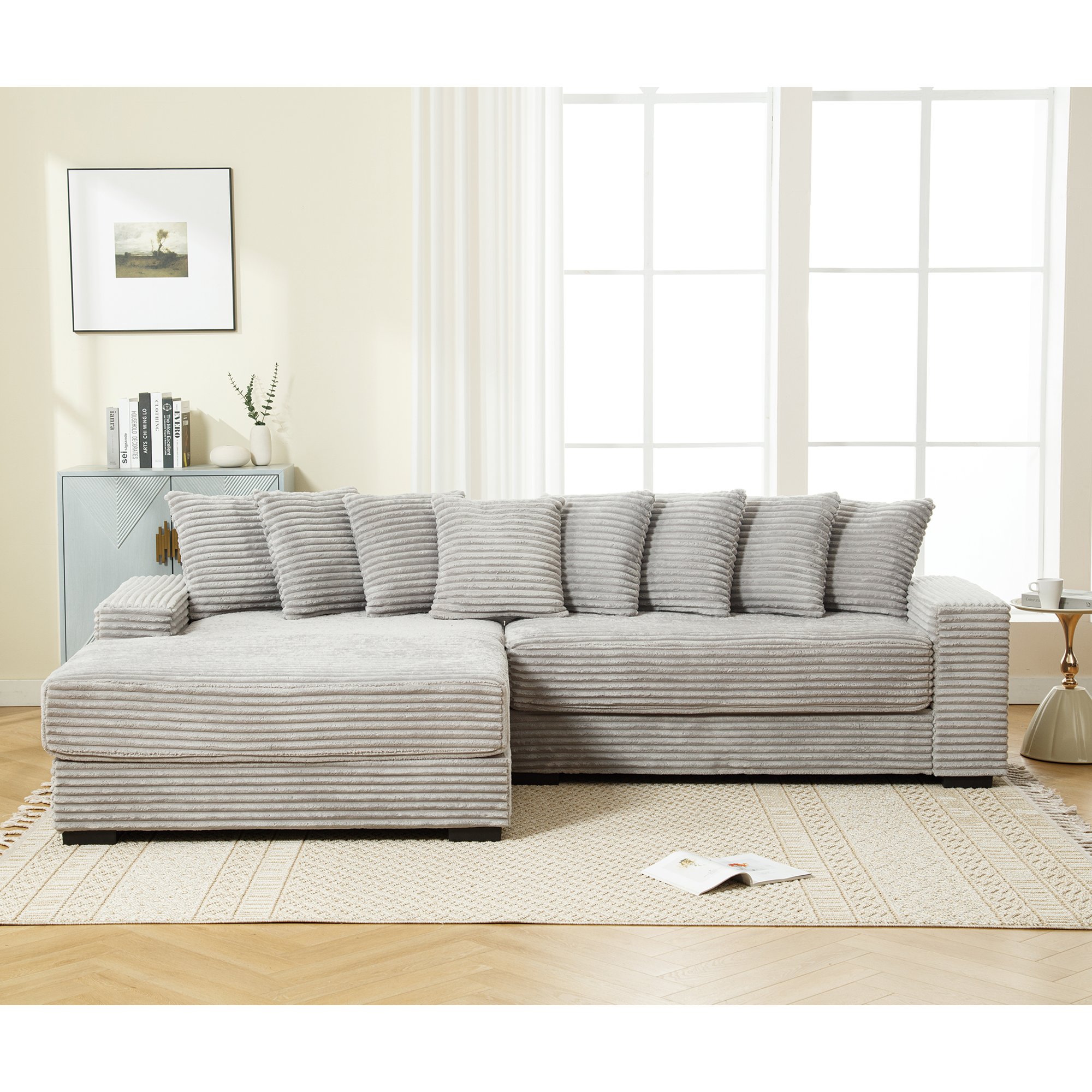 [NEW ARRIVED] [VIDEO PROVIDED] Oversized Two-Piece Couches, L Shaped Sofa, Corduroy, Left Chaise Daybed,with Armrests,Eight Throw Pillows,Corner Sofa,Easy To Assemble, Gray