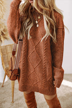 Coffee Cable Knit Drop Shoulder Loose Fit Sweater Dress- Women Coffee 100%Polyester