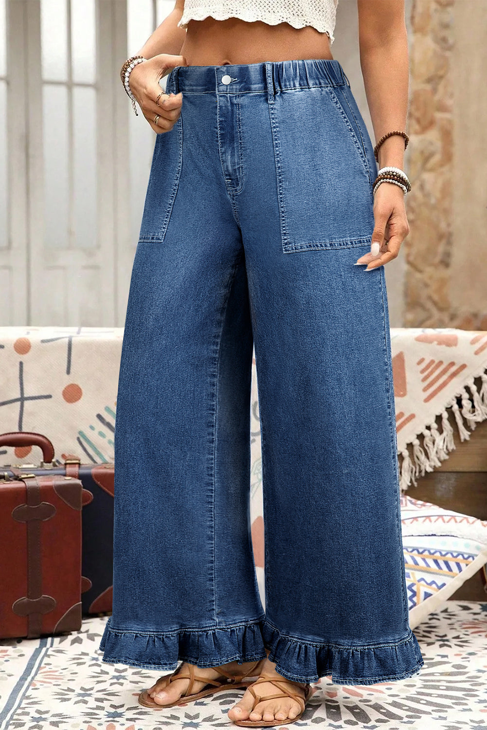 Sail Blue Plus Size Elastic Waist Ruffled Wide Leg Denim Pants- Women