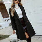 Women's Solid Color Double-Breasted Wool-Like Coat Notch Lapel Long Sleeve Mid-Length Overcoat With Pockets Black