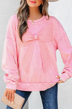 Bright Pink Mineral Wash Big Bow Patchwork Pullover Sweatshirt- Women