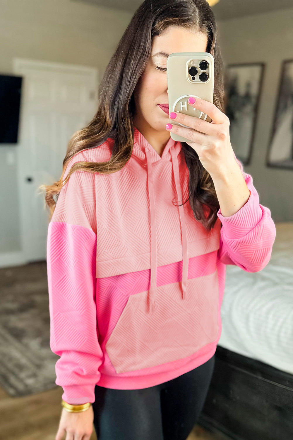 Pink Textured Color Block Kangaroo Pocket Drop Shoulder Hoodie- Women