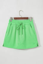 Light Green French Terry Drawstring Elastic Waistband Mini Skort with Pockets- Women