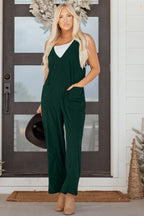 Evergreen Corduroy V Neck Patched Pocket Sleeveless Jumpsuit- Women