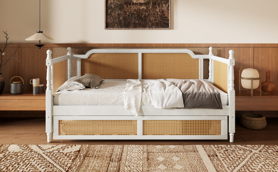 Traditional Style Rattan Twin Size Daybed with 2 Drawers, Antique White, Solid Pine Wood & MDF