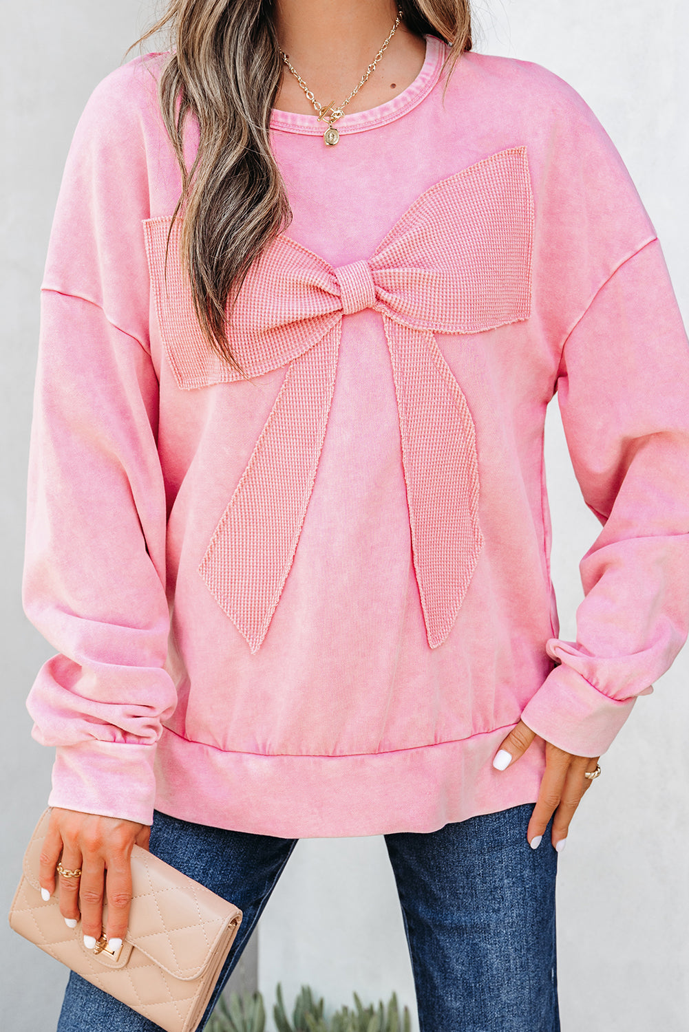 Bright Pink Mineral Wash Big Bow Patchwork Pullover Sweatshirt- Women
